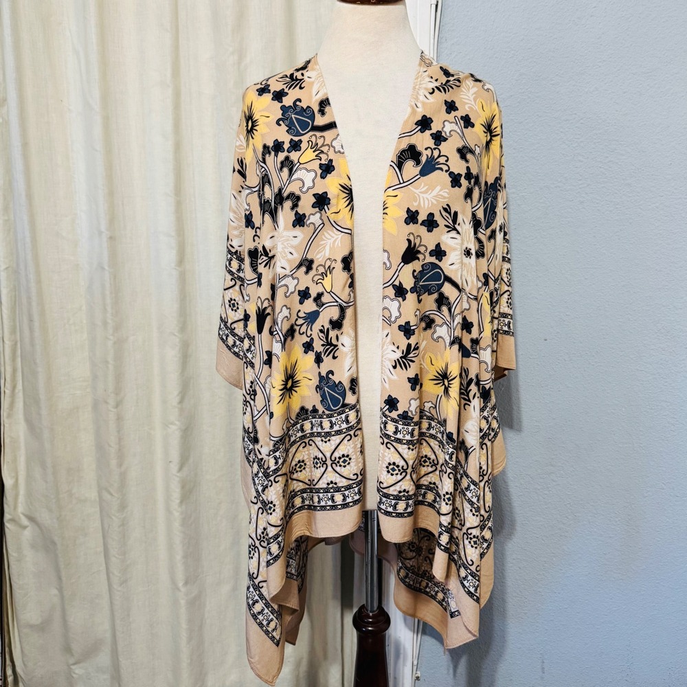 Time and Tru Boho Floral Kimono Open Cardigan Women's‎ S/M Beige Statement Piece